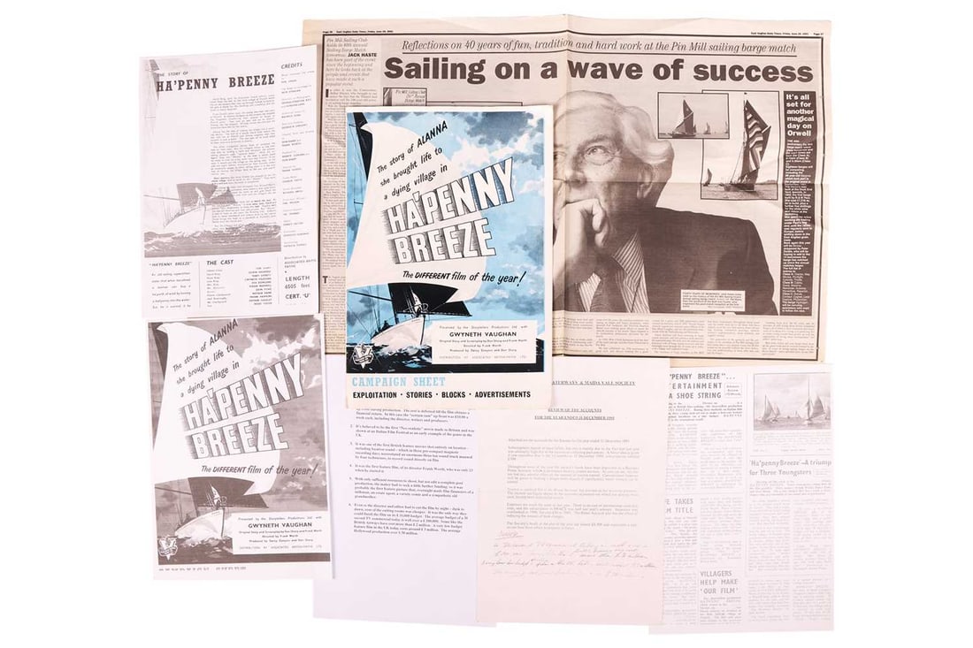A collection of original ephemera relating to the 1950 film 'Ha' Penny Breeze', directed by Frank Wo: A collection of original ephemera relating to the 1950 film 'Ha' Penny Breeze', directed by Frank Worth and filmed at Pin Mill, Suffolk. The collection comprises a copy of the original press Campaign