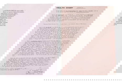 Louis Armstrong: a signed sheet, featuring 'Satch Louis Armstrong' and fellow band members, Danny Ba: Louis Armstrong: a signed sheet, featuring 'Satch Louis Armstrong' and fellow band members, Danny Barcelona, Mort Herbert, Barney Bigard, Trummy Young and Velma Middleton, the signatures on the