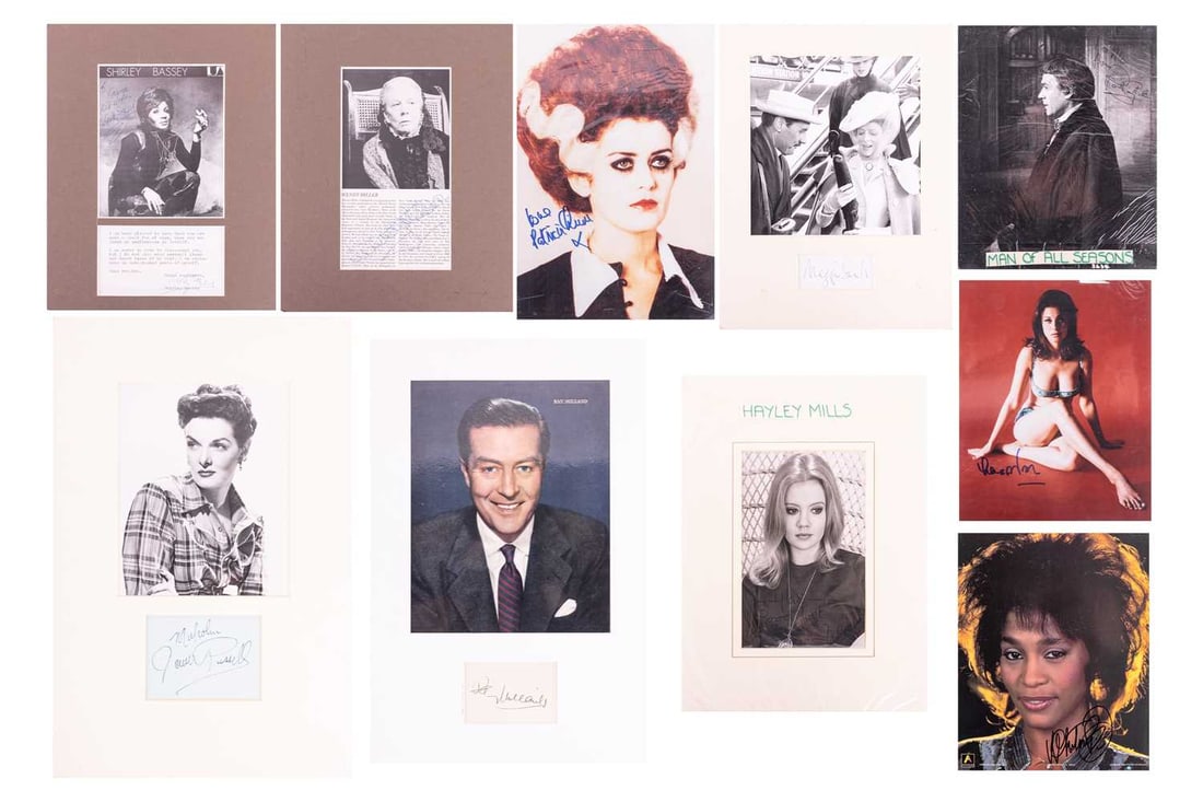 A collection of signed celebrity items, comprising: Whitney Houston, Patricia Quinn, Maggie Smith, W (1 of 20)