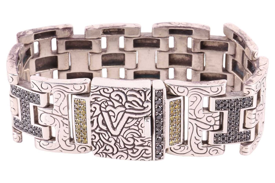 Versani - a heavy link bracelet set with black and yellow diamonds, wide hinged links engraved with (1 of 4)
