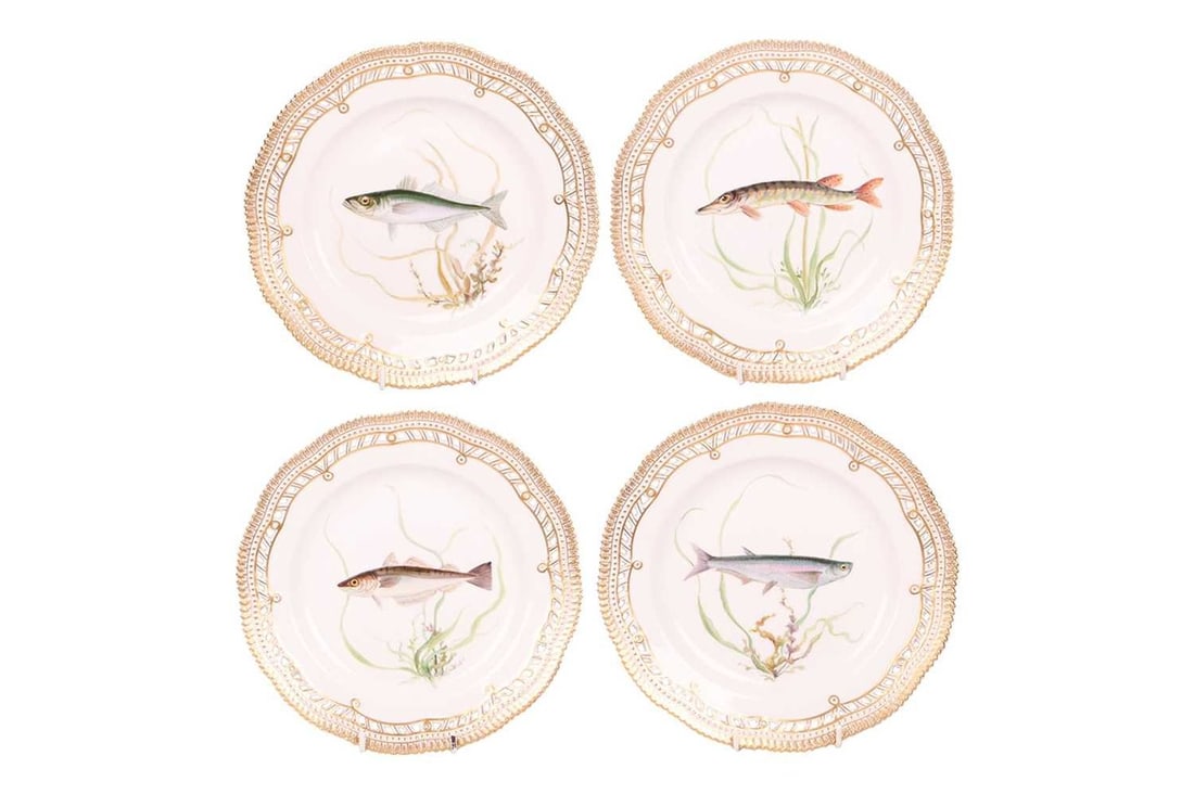 A set of four Royal Copenhagen cabinet plates, depicting studies of fish, within gilt, beaded and (1 of 6)