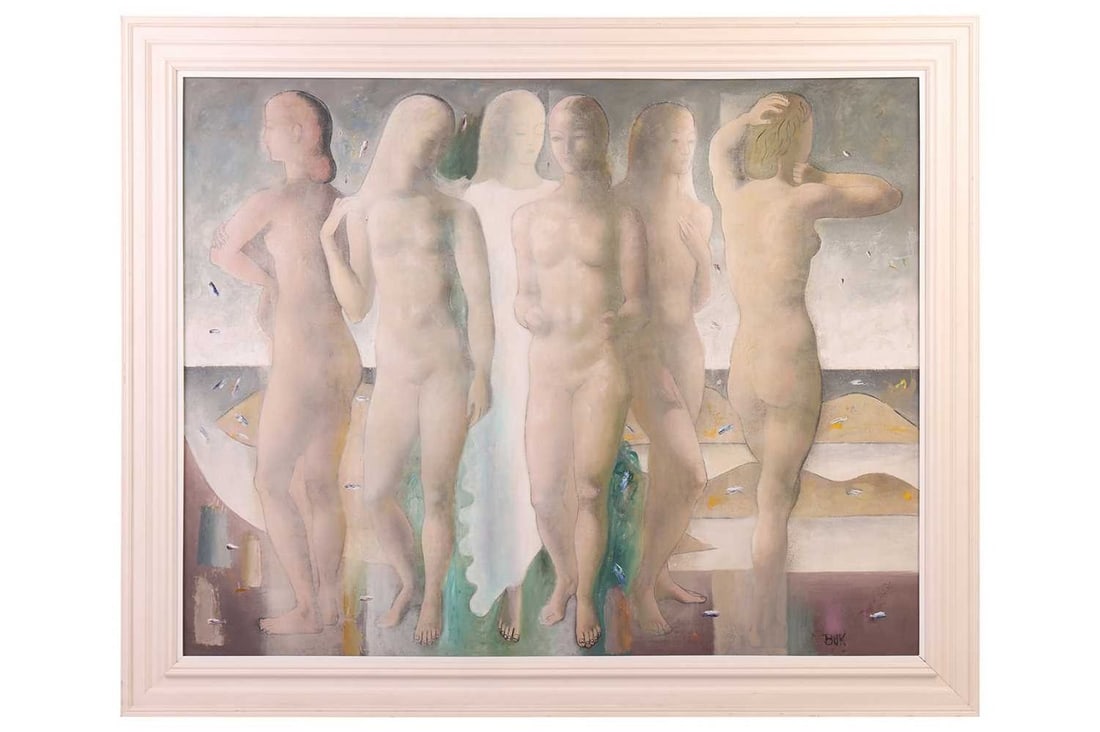 Eduard Buk Ulreich (American/Hungarian, 1889-1962), Promenade, signed (lower right), oil on canvas,: Eduard Buk Ulreich (American/Hungarian, 1889-1962), Promenade, signed (lower right), oil on canvas, 104 cm x 145 cm, framed 136 cm x 166cm