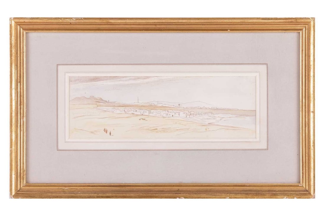 Edward Lear (1812-1888), Middle Eastern landscape, watercolour, pen and ink, 9 cm x 25 cm, framed: Edward Lear (1812-1888), Middle Eastern landscape, watercolour, pen and ink, 9 cm x 25 cm, framed and glazed 24.5 cm x 41 .cm Moore-Gwyn Fine Art Limited label verso