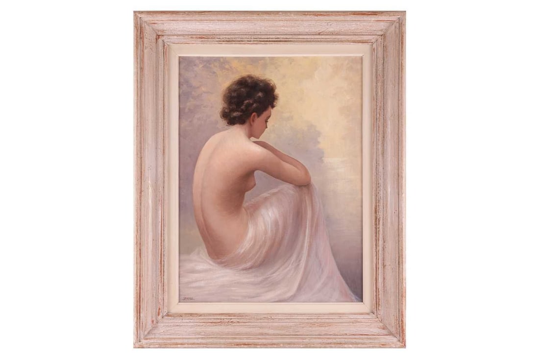 Jean Jannel (1894 - ?), Seated nude, signed 'Jannel' (lower left), oil on canvas, 61cm x 46cm,: Jean Jannel (1894 - ?), Seated nude, signed 'Jannel' (lower left), oil on canvas, 61cm x 46cm, framed 81 cm x 65 cm.