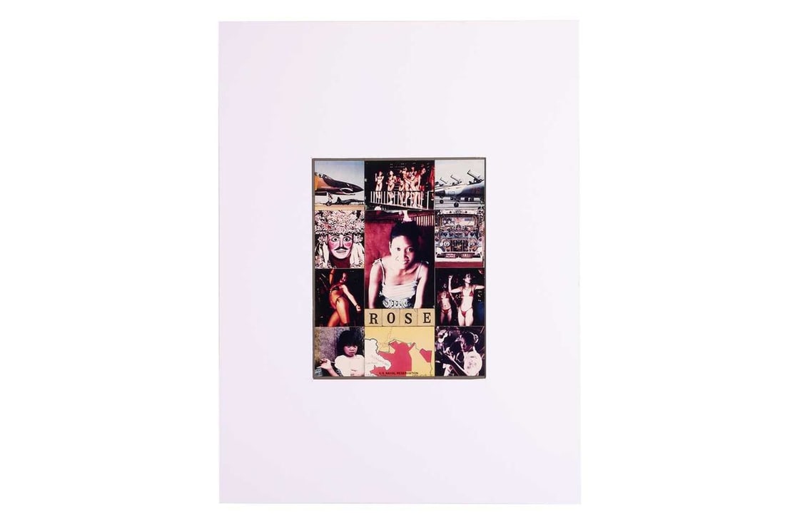 † Sir Peter Blake (b. 1932), Olongapo Rose, signed 'Olangapo Rose Peter Blake 1989', mixed media: † Sir Peter Blake (b. 1932), Olongapo Rose, signed 'Olangapo Rose Peter Blake 1989', mixed media collage of colour photocopies and printed lettering mounted on card, 27 x 21.5 cm, on an unframed ext