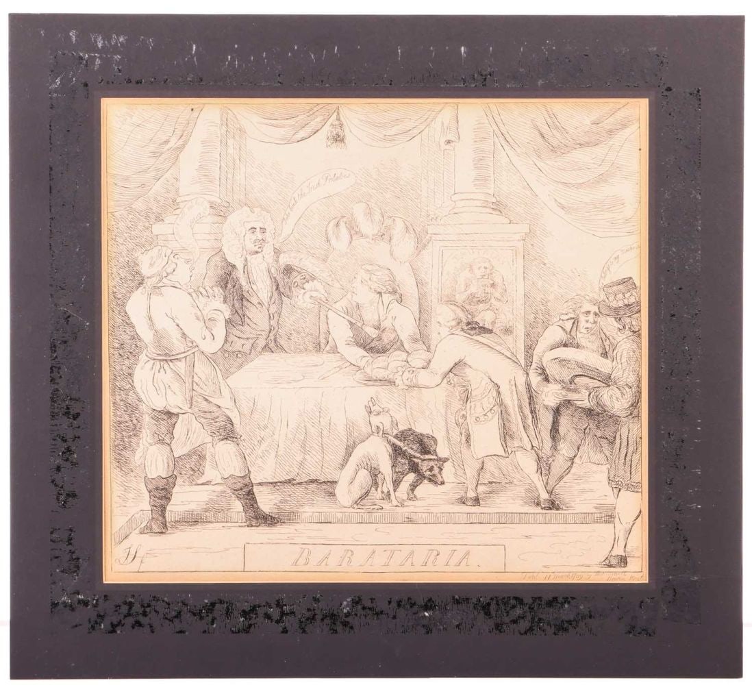 James Sayers (1748-1823), 'Barataria', etching, published by Thomas Cornell (act. 1780-172), 11: James Sayers (1748-1823), 'Barataria', etching, published by Thomas Cornell (act. 1780-172), 11 March 1789, 29.5 cm x 33 cm, unframed in card mount.