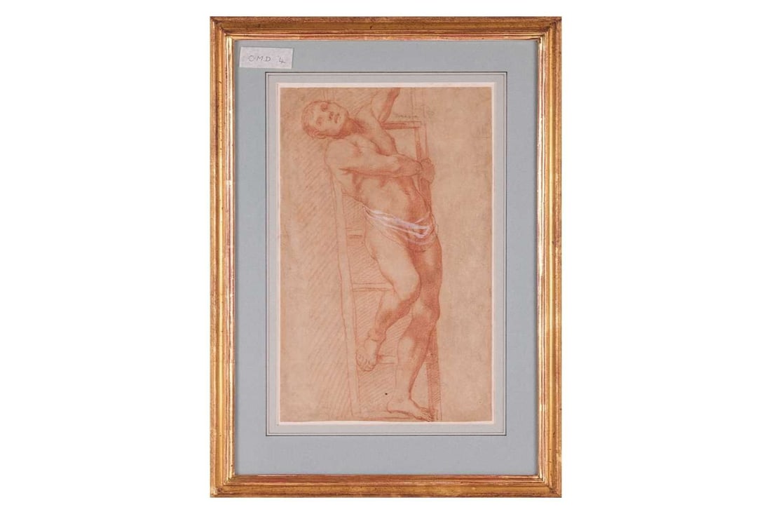 Attributed to Domenico Cresti (called Il Passignano) (Italian, 1559 - 1638), Male figure on a: Attributed to Domenico Cresti (called Il Passignano) (Italian, 1559 - 1638), Male figure on a ladder, red chalk heightened in white on cream paper, 39.5 x 25 cm, framed and glazed 57 x 42 cm Christie'