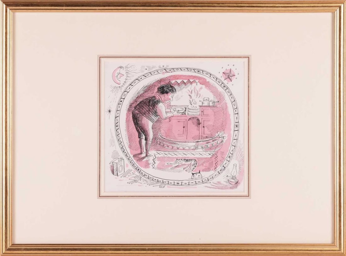 † John Stanton Ward CBE RA (1917-2007) British, 'Hubert Warmed the Dish', pen, ink and monochrome: † John Stanton Ward CBE RA (1917-2007) British, 'Hubert Warmed the Dish', pen, ink and monochrome watercolour, 22.5 cm x 24 cm framed and glazed.