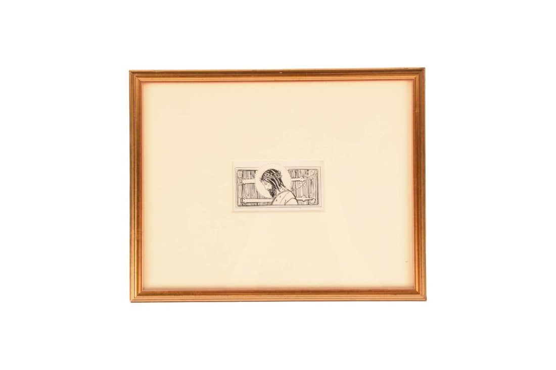 Florence Harrison (British, 1877-1955), Open Thy Door To Me, pen and ink, image 6 cm x 10 cm, framed: Florence Harrison (British, 1877-1955), Open Thy Door To Me, pen and ink, image 6 cm x 10 cm, framed 26 cm x 33 cm, glazed. Accompanied by previous sale catalogue.