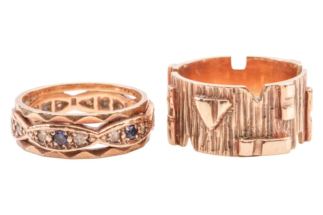 Two rings comprising a sapphire and diamond-set band, in 9ct gold, size M1/2, together with a 9ct ye (1 of 3)
