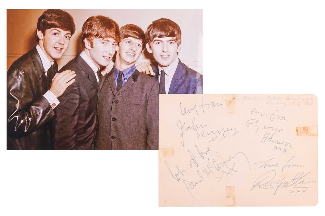 The Beatles: a card signed by John Lennon, Paul McCartney, George Harrison and Ringo Starr, all: The Beatles: a card signed by John Lennon, Paul McCartney, George Harrison and Ringo Starr, all signed 'with love from', pencil annotation to the top reads 'The Beatles, Britische Seemannsmission, Ham