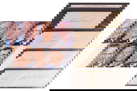 NASA Apollo Astronaut Program: a collection of original signatures of the members, each on cutout: NASA Apollo Astronaut Program: a collection of original signatures of the members, each on cutout paper, comprising: Neil Armstrong (1930-2012), Charles Conrad (1930-1999), Virgil 'Gus' Grissom