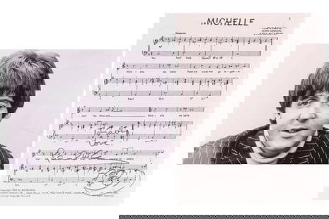 Paul McCartney (b.1942) English singer-songwriter, an autographed sheet, a copy of the words and: Paul McCartney (b.1942) English singer-songwriter, an autographed sheet, a copy of the words and music for 'Michelle', written by McCartney and John Lennon, signed 'To Gaby, love, Paul McCartney' in