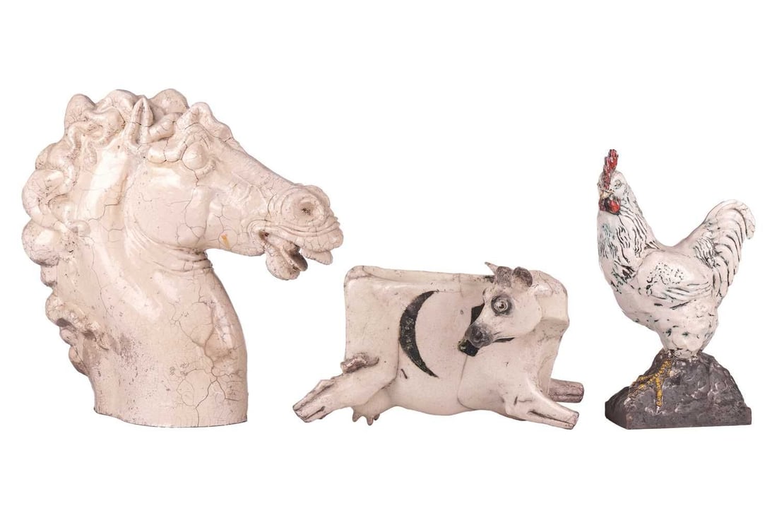 † Lawson Rudge (b. 1936) a raku pottery figure of a cockerel, signed L.C.R. on the base, with: † Lawson Rudge (b. 1936) a raku pottery figure of a cockerel, signed L.C.R. on the base, with repairs, 30 cm high, a raku pottery figure of a horse's head, with repairs, 36 cm high, and a raku potte