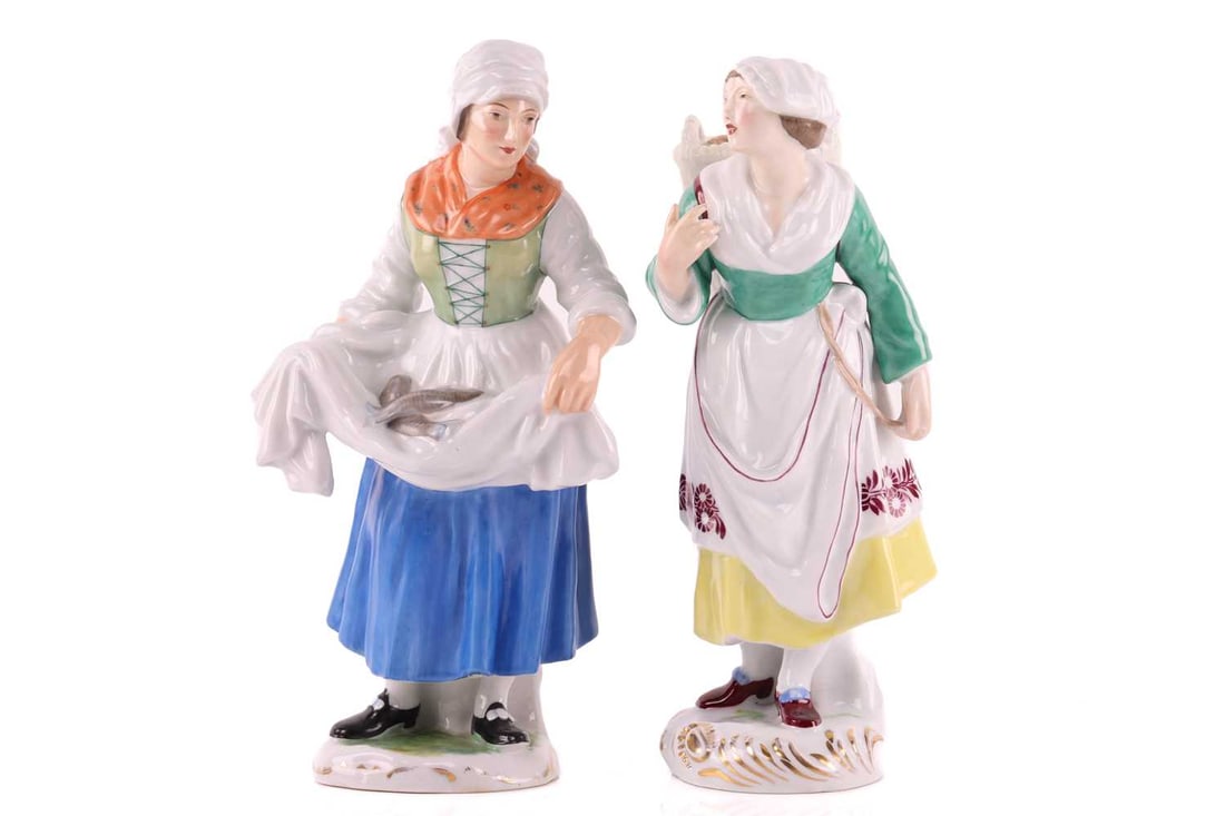 A pair of Herend porcelain figures, a Fisherwoman and an Oysterwoman, the tallest measuring 24 cm (1 of 5)