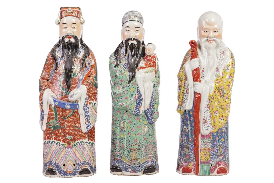A group of three large Chinese Famille Rose porcelain immortals or "Household Dieteies" Qing (1 of 13)
