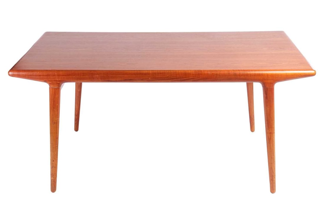 A Niels Otto Moller of Denmark "Mid-Century Vintage", Teak extending dining table, with flush: A Niels Otto Moller of Denmark "Mid-Century Vintage", Teak extending dining table, with flush fitting end carriages containing loose leaves,159 cm wide x 89 cm deep x 74 cm overall height.