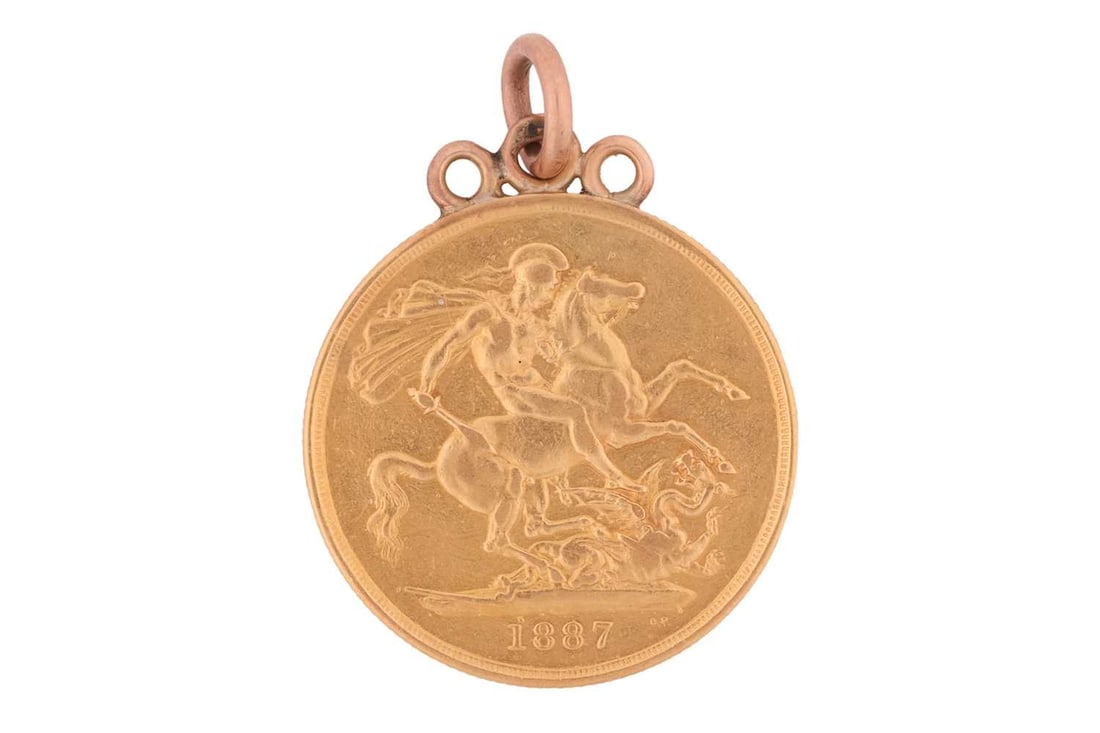 An 1887 Queen Victoria double sovereign, the observe with St George slaying the dragon, dated 1887,: An 1887 Queen Victoria double sovereign, the observe with St George slaying the dragon, dated 1887, with applied mount, 4.0 cm drop length, gross weight 16.7grs.
