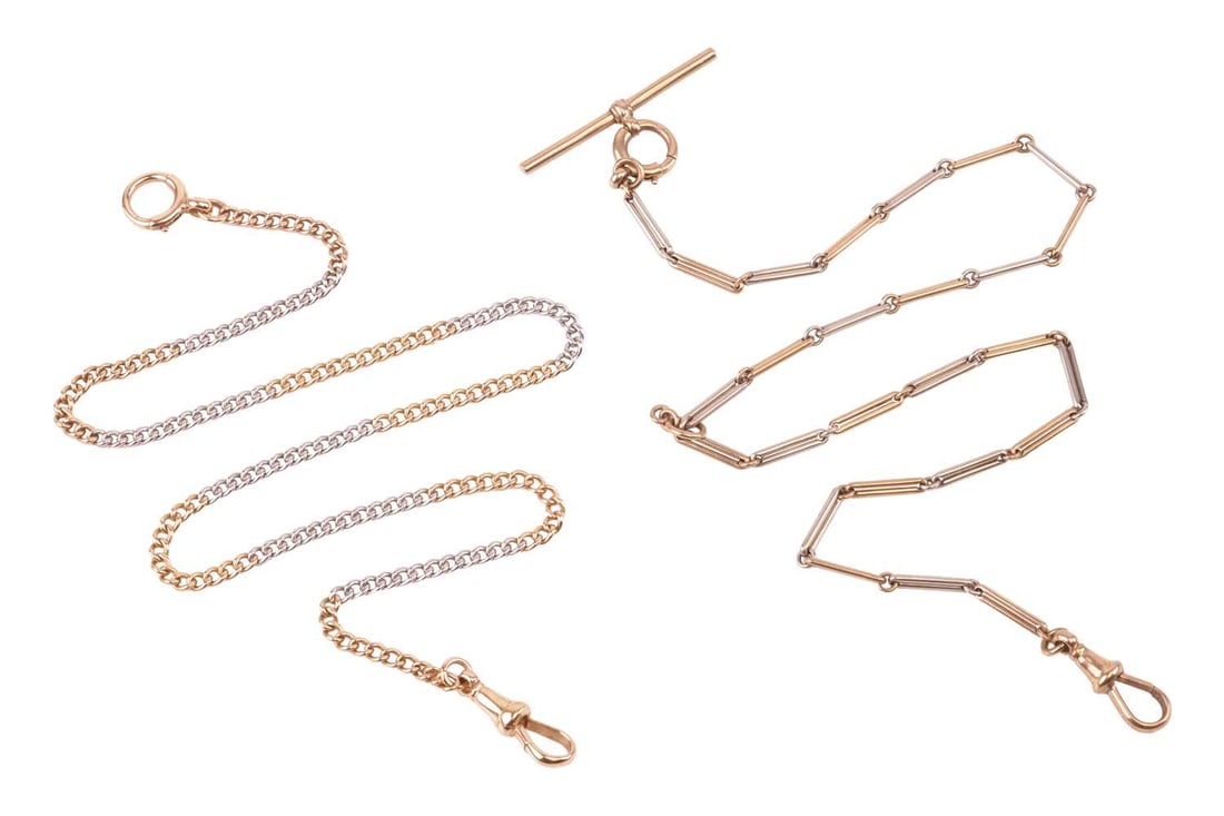 Two Albert chains; comprising a 9ct bi-coloured gold chain with Albert swivel clasp and T-bar, stamp: Two Albert chains; comprising a 9ct bi-coloured gold chain with Albert swivel clasp and T-bar, stamped with maker's mark JG&S, 9ct; together with a flat curb-link chain of bi-coloured design, moun