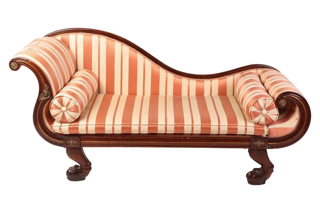 In the manner of George Smith (1786-1826), a Regency brass inlaid mahogany scroll and "Grecian: In the manner of George Smith (1786-1826), a Regency brass inlaid mahogany scroll and "Grecian Revival" "Library" chaise lounge, with double scrolled ends upholstered in age-worn silk fabric with two