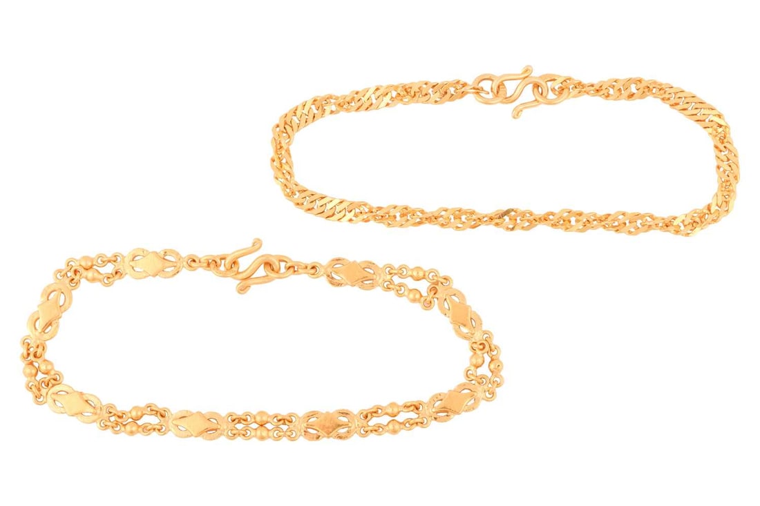 Two fancy link bracelets; one with flat Singapore links to an S-hook clasp, Chinese artisan mark and: Two fancy link bracelets; one with flat Singapore links to an S-hook clasp, Chinese artisan mark and stamped '90%', testing as high carat, 15.0 cm long; another comprising a series of ball link and lo