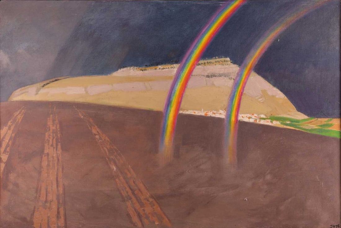 † Jack Wright (1919 - 1994), Rainbows, initials 'J.W.' and dated '76 (lower right), oil on canvas,: † Jack Wright (1919 - 1994), Rainbows, initials 'J.W.' and dated '76 (lower right), oil on canvas, 61 x 91 cm, framed 63 x 93 cm