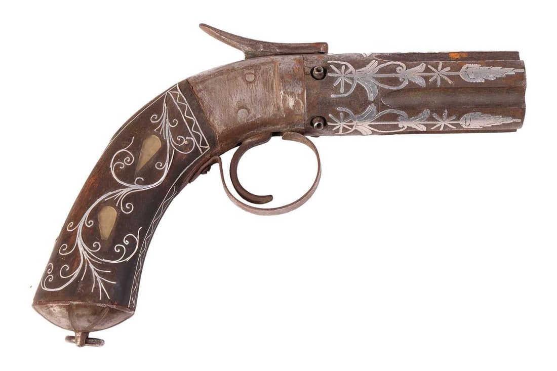 A 19th-century Turkish or Balkan 32 calibre percussion pepperbox boxlock pistol, 22 cm long, with: A 19th-century Turkish or Balkan 32 calibre percussion pepperbox boxlock pistol, 22 cm long, with silver Damasked iron barrels and an inlaid pistol grip with lanyard loop, together with a youth's Jamb