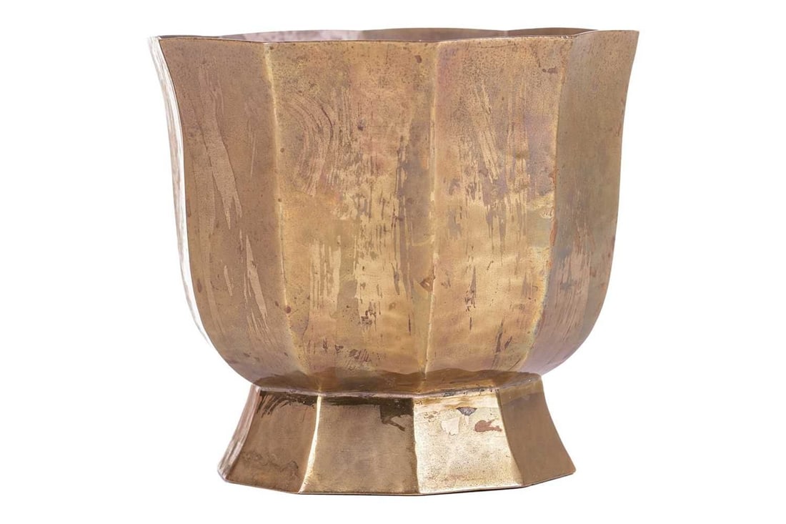 Joseph Hoffman for Wiener Werkstatte, a 1920s gilt brass cigarette vase of fluted panelled form with: Joseph Hoffman for Wiener Werkstatte, a 1920s gilt brass cigarette vase of fluted panelled form with a flaring pedestal foot, bearing the factory mark and stylised monogram for Joseph Hoffman. 9 cm di