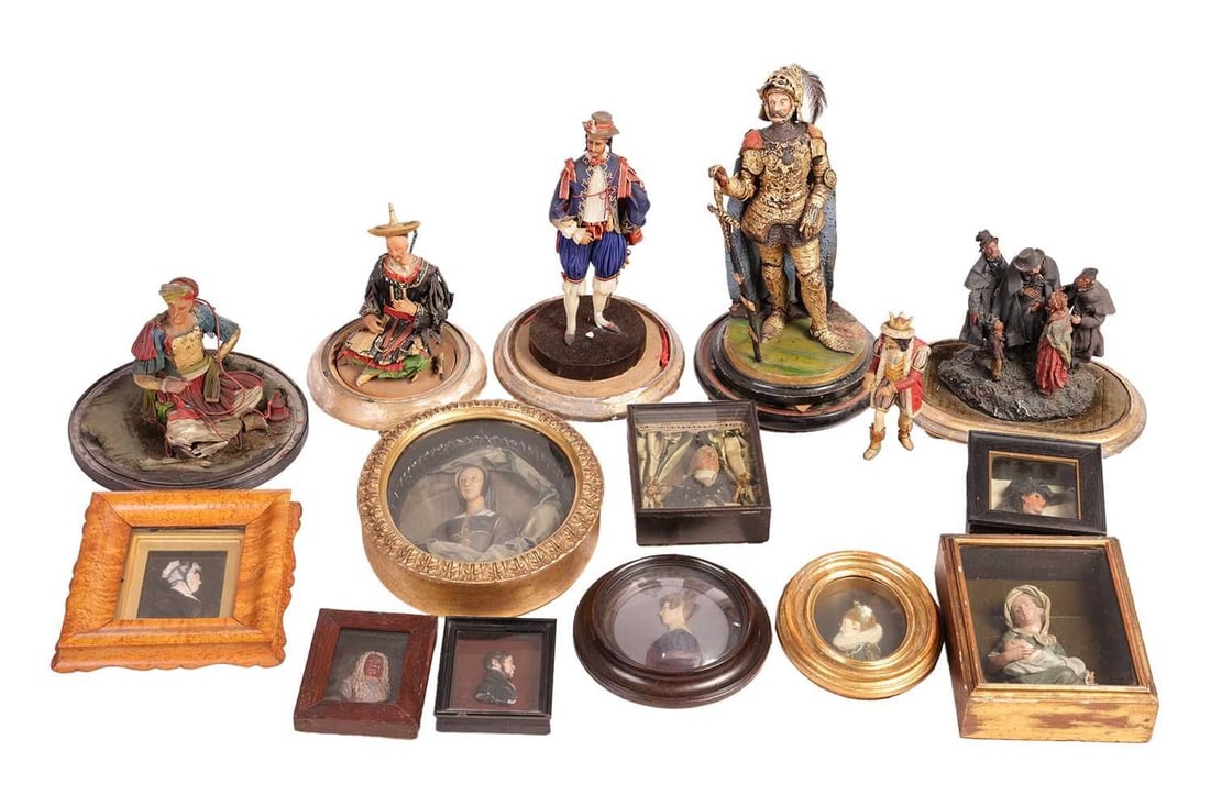 David Morrison (active1793-1850), a wax portrait of an unknown lady, in a bird's eye maple frame, 25: David Morrison (active1793-1850), a wax portrait of an unknown lady, in a bird's eye maple frame, 25 cm x 23 cm, together with a collection of other wax figures and 18th and 19th-century wax portraits