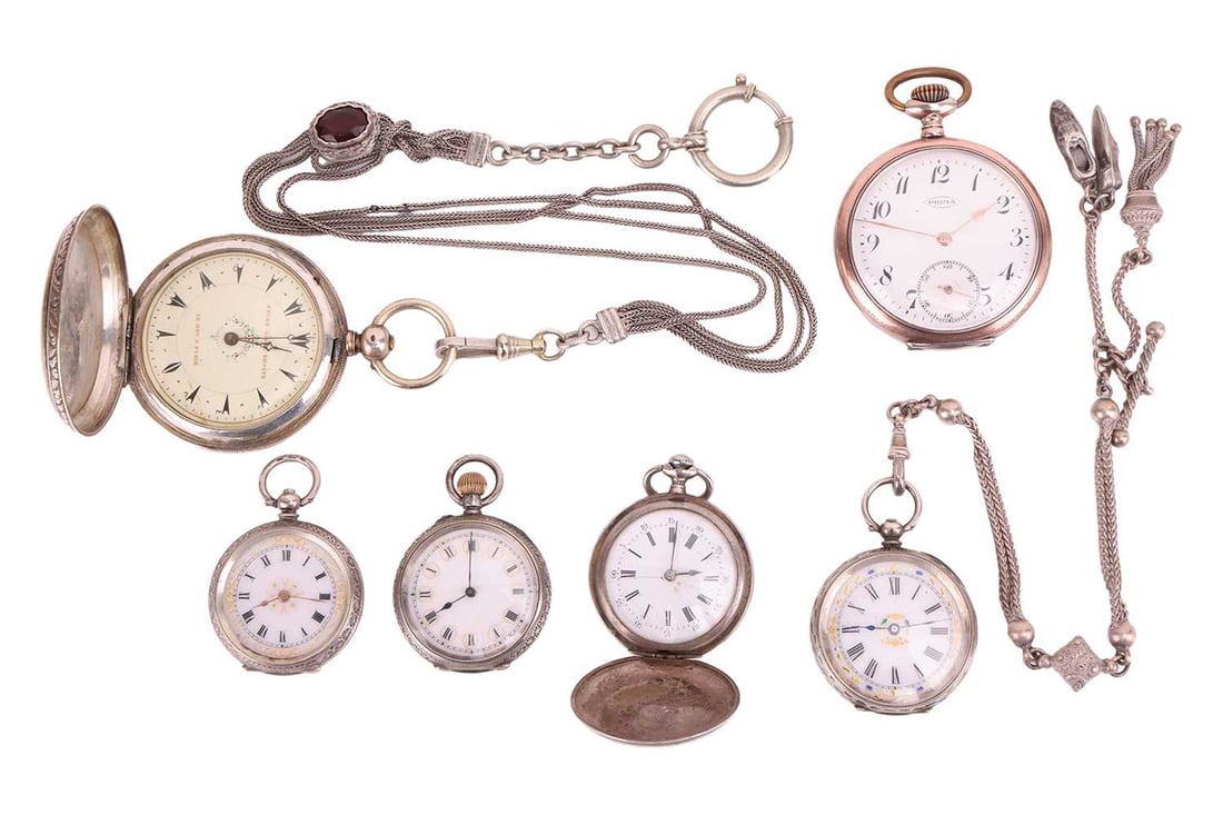 A collection of six half hunter and open face pocket watches, comprising a Le Roy a Paris silver poc (1 of 2)