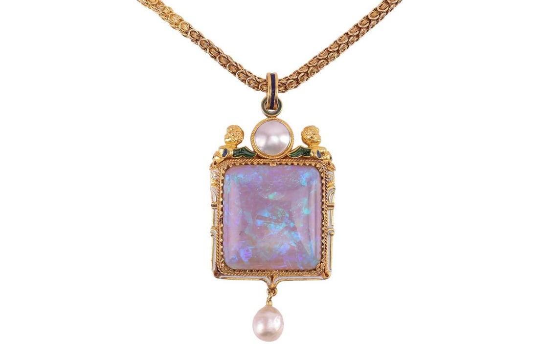 A late Victorian opal, pearl and enamel pendant on chain, featuring a large polished precious opal: A late Victorian opal, pearl and enamel pendant on chain, featuring a large polished precious opal square plaque of 28.0 x 26.0 x 6.3 mm, displaying play-of-colour mainly ranging from green to purple