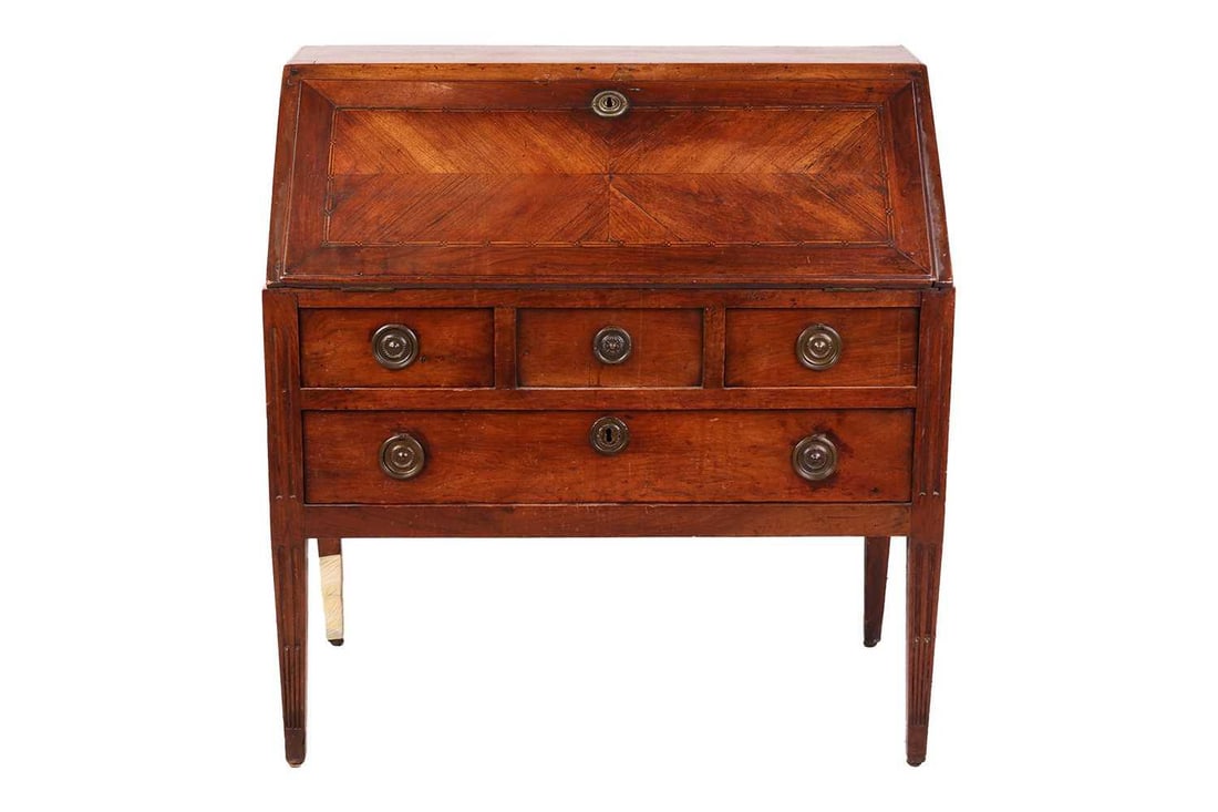 A late 18th-century Italian walnut parquetry bureau, with a quartered fall opening to reveal a (1 of 5)