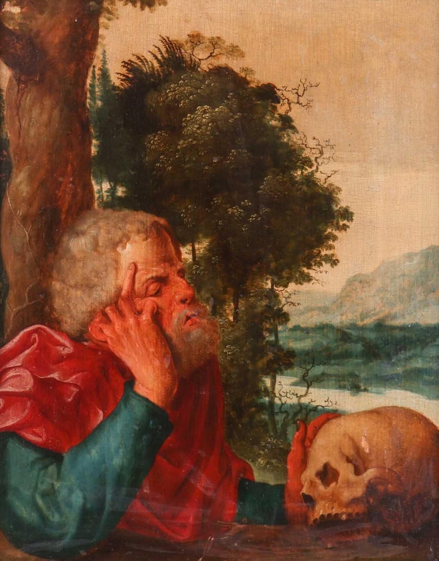 Attributed to Jan Swart Van Groningen (Dutch c.1500-c.1560) A hermit, possibly St Jerome, in a (1 of 18)
