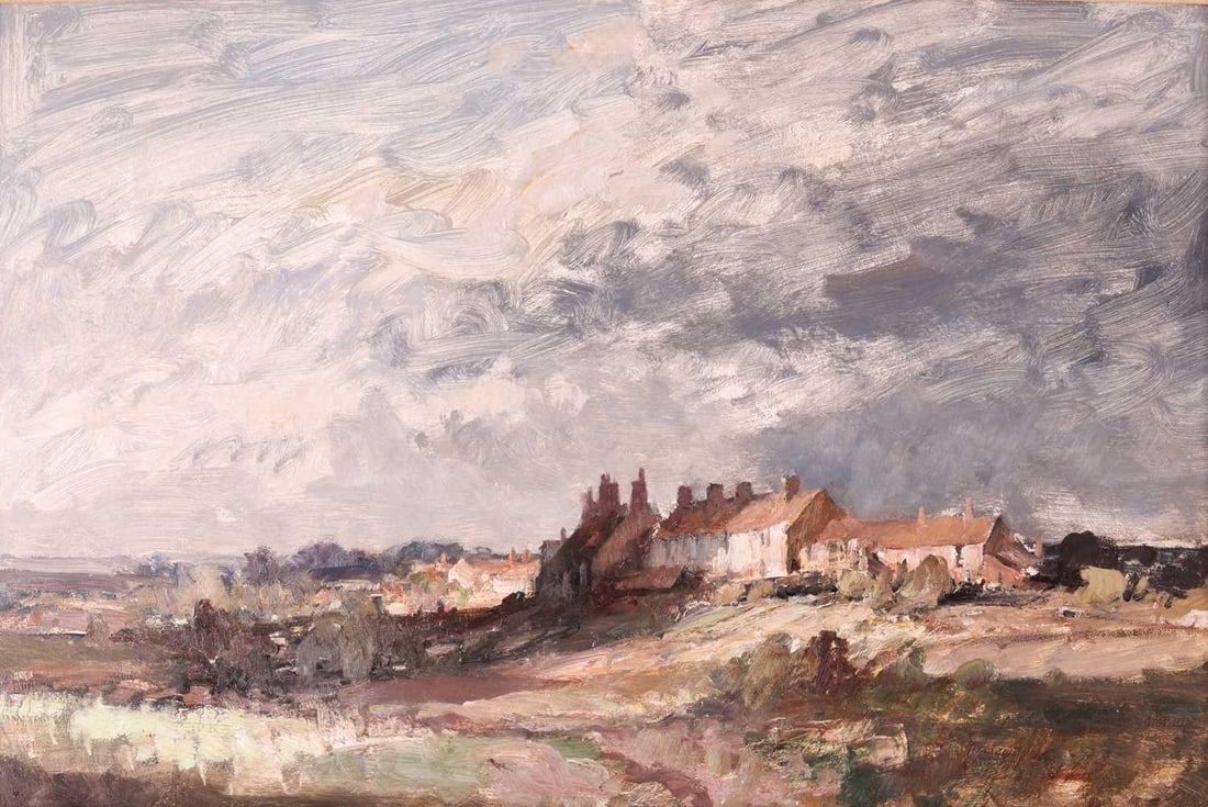 Edward Seago (British 1910-1974) Cottages on the Rise, Norfolk signed 'Edward Seago' (lower left),: Edward Seago (British 1910-1974) Cottages on the Rise, Norfolk signed 'Edward Seago' (lower left), bears title on Colnaghi label (verso) oil on board 51 x 76 cm, framed 68 x 93 cm Provenance With P &