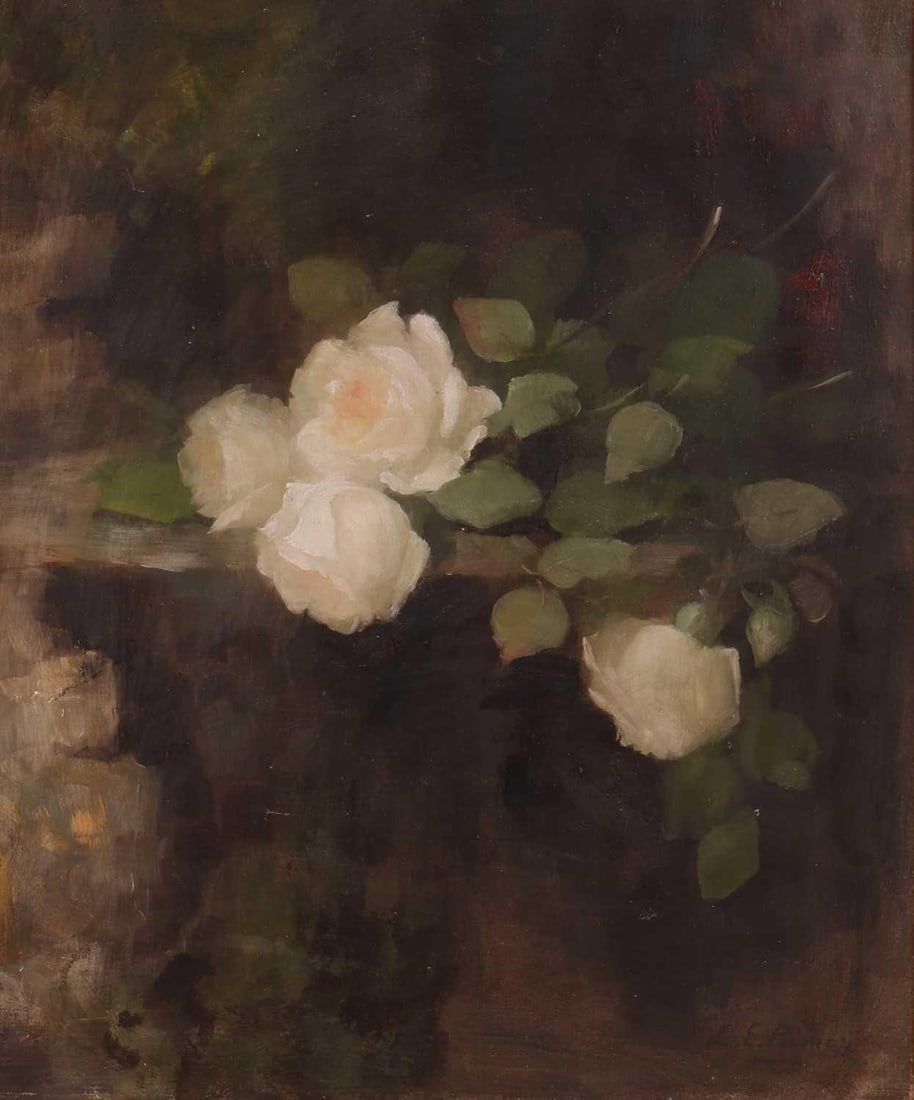 Louise Ellen Perman (Scottish 1854-1921) Roses on a stone shelf signed 'L.E.Perman' (lower right): Louise Ellen Perman (Scottish 1854-1921) Roses on a stone shelf signed 'L.E.Perman' (lower right) oil on canvas 62 x 51 cm, framed and glazed 91 x 81 cm