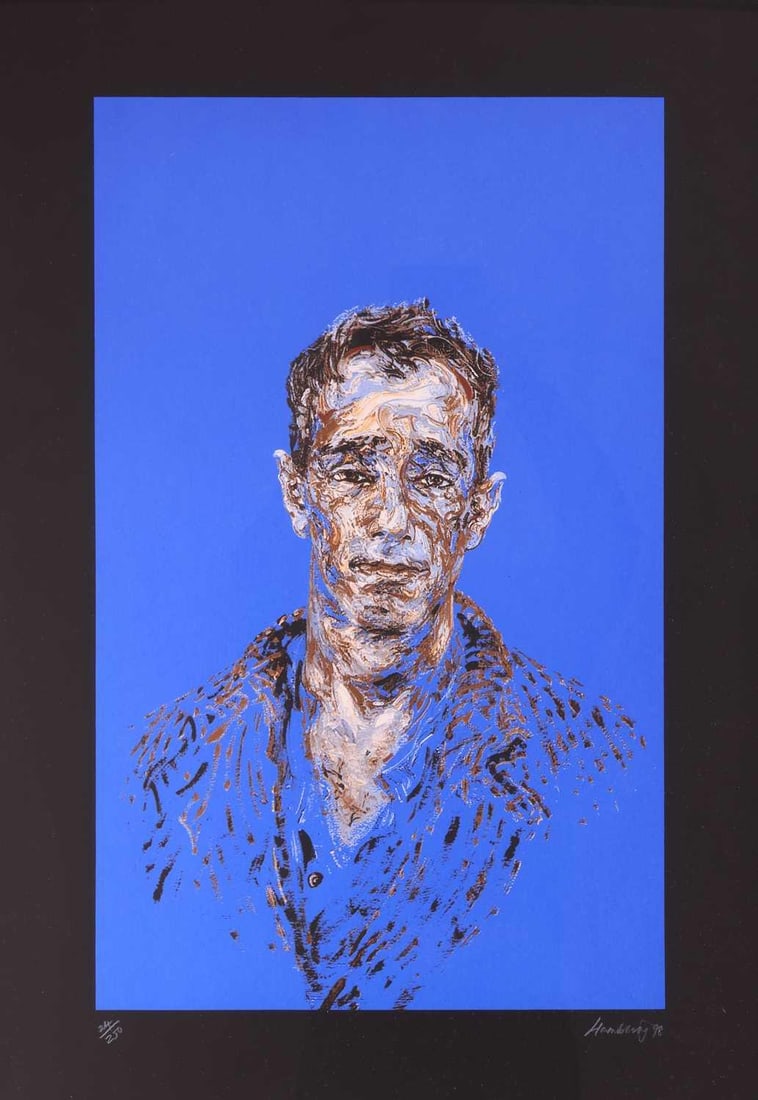 Maggi Hambling (British, b.1945) Portrait of Derek Jarman signed 'Hambling '98' (lower right),: Maggi Hambling (British, b.1945) Portrait of Derek Jarman signed 'Hambling '98' (lower right), numbered 24/250 limited edition screenprint on black paper image 60 x 37 cm, sheet 73 x 50 cm, framed and