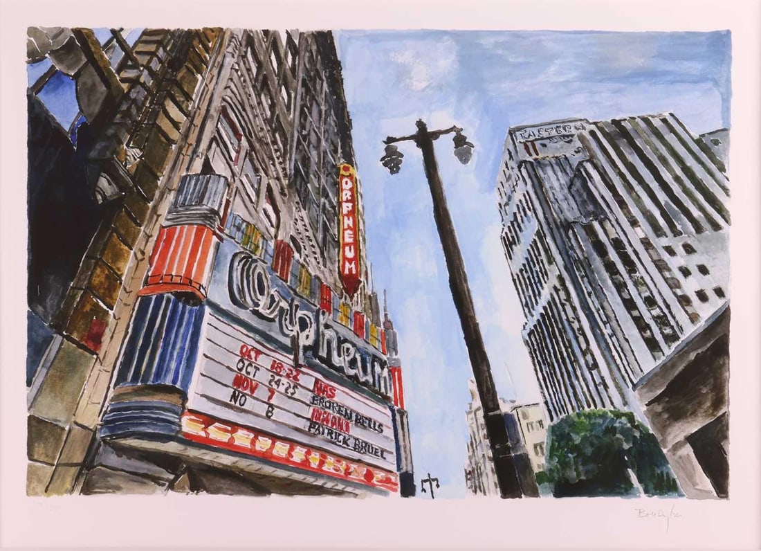 Bob Dylan (American, b. 1941) Theater, Downtown LA (2016) signed in pencil (lower right) Giclee: Bob Dylan (American, b. 1941) Theater, Downtown LA (2016) signed in pencil (lower right) Giclee print on Hahnem?hle 350gsm Museum etching paper image 40 x 61 cm, framed and glazed 73 x 89 cm Provenanc