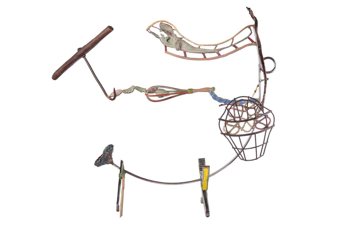 Nancy Graves (American 1939-1995) Apoise incised with the artist's signature, title and date: Nancy Graves (American 1939-1995) Apoise incised with the artist's signature, title and date '1-14-87' (on blue cooking tongs) bronze, steel (stainless and mild) and wood with polychrome patina and ba