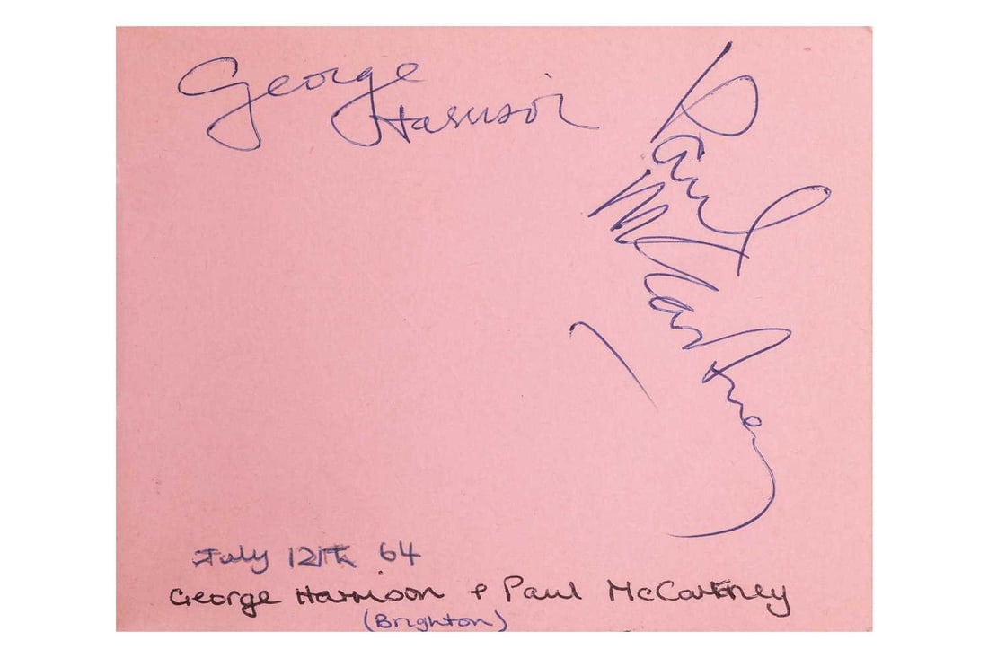 Autographs: Paul McCartney, George Harrison, Ringo Starr, The Moody Blues, The Fourmost, Gerry: Autographs: Paul McCartney, George Harrison, Ringo Starr, The Moody Blues, The Fourmost, Gerry Marsden, and others, 1964-1965 ? Autograph album with green cloth covers, further within clear protective