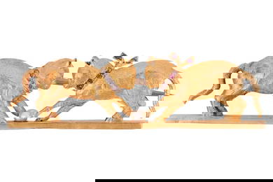 A gemset cat brooch, in the form of two cats playing with a seedpearl ball, one cat featuring a