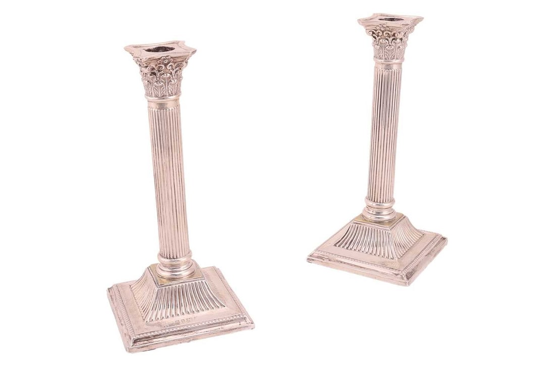 A pair of silver Corinthian column candlesticks, by J Sherwood & Sons, Birmingham 1904/5, Corinthian (1 of 7)