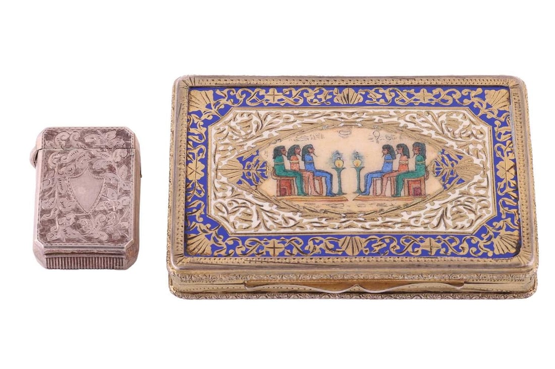 An early 20thcentury Egyptian gilt trinket box, and a Victorian silver vesta case; the trinket box (1 of 5)