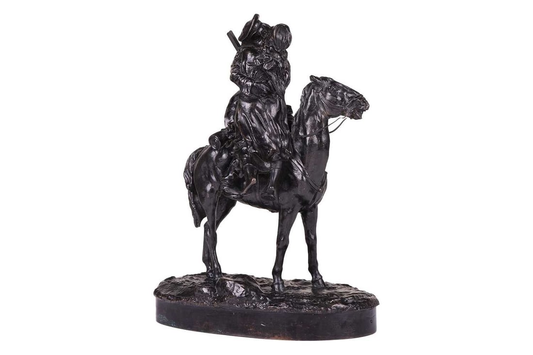 Vasily Grachev (1831-1905) Russian, 'Farewell Kiss', a cast and patinated bronze figure group of a: Vasily Grachev (1831-1905) Russian, 'Farewell Kiss', a cast and patinated bronze figure group of a couple embracing on horseback, he in military uniform she in peasants dress, signed and dated 1877, i