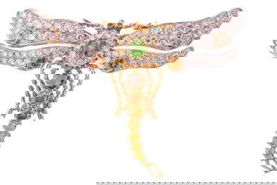 A gem-set dragonfly brooch, featuring a circular-cut demantoid garnet and diamond cluster as thorax,
