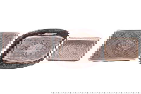 A vinaigrette, a snuff box and a tinder box; the George III silver vinaigrette, by James Collins,: A vinaigrette, a snuff box and a tinder box; the George III silver vinaigrette, by James Collins, Birmingham 1833, with pinprick decoration on cover and base, open to reveal gilt interior, and a repou