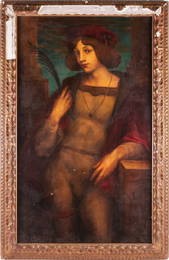 20th Century French School, Boy With Feather, oil on canvas, 124 cm x 73 cm, framed, 142 cm x 91 cm