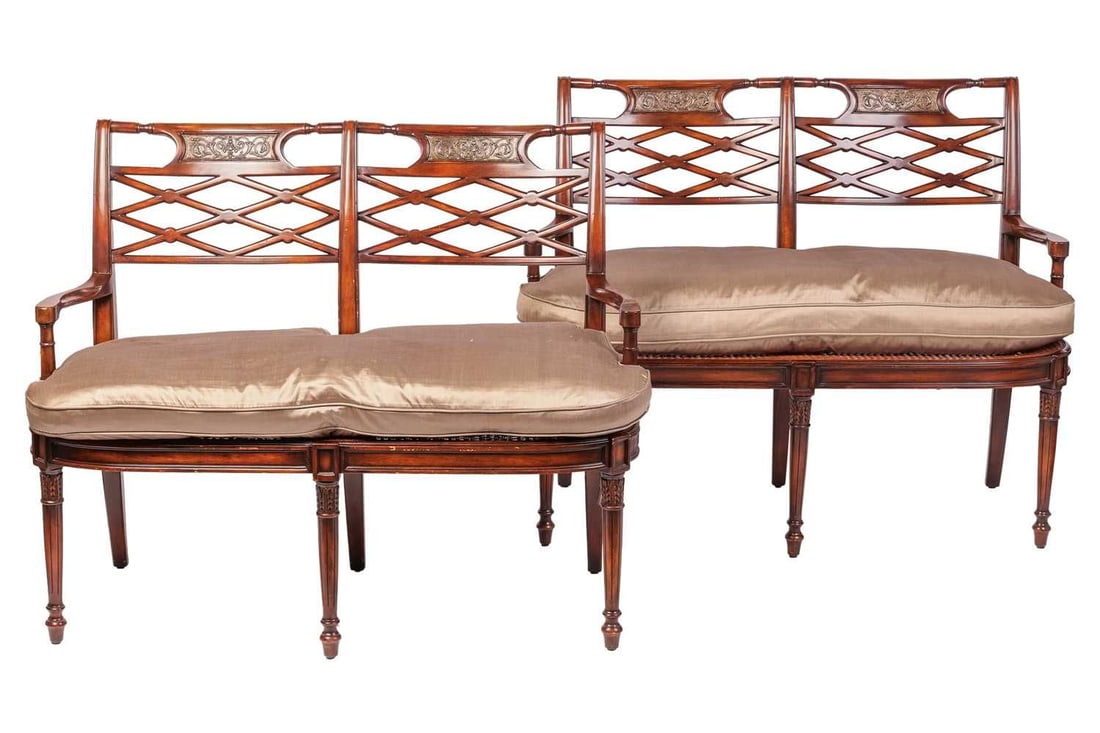 A pair of modern contemporary two-seat settees of Regency design, with split cane seats and: A pair of modern contemporary two-seat settees of Regency design, with split cane seats and latticework backs, on cylindrical front legs, 96 cm high x 126 cm wide, the cushioned seat 60 cm high. Qty: