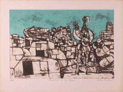 Julian Trevelyan (British 1910-1988) Troubadours at Les Beaux signed, titled and numbered 31/50 in: Julian Trevelyan (British 1910-1988) Troubadours at Les Beaux signed, titled and numbered 31/50 in pencil etching and aquatint in colours plate 36 x 54.5 cm, framed and glazed 58 x 73 cm