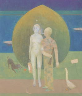 David Tindle (British b.1932) Man and a Woman, Eden Park signed David Tindle and dated 2008 verso: David Tindle (British b.1932) Man and a Woman, Eden Park signed David Tindle and dated 2008 verso tempera on canvas 35 x 30 cm, framed, 36 x 31 ? cm