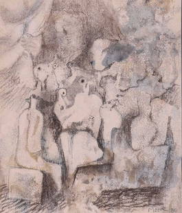 Henry Moore, OM, CH (British 1898-1986) Studies for Sculpture signed and dated Moore 80 (lower: Henry Moore, OM, CH (British 1898-1986) Studies for Sculpture signed and dated Moore 80 (lower right) wash, charcoal, chalk and gouache 24.5 x 20.5 cm, framed and glazed 60 x 54.5 cm Provenance: Priva